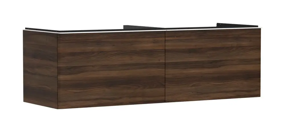 Waschtischunterschrank in Holzoptik mit zwei Schubkästen. Die Oberfläche ist glatt mit einem minimalistischen Design. Geeignet für die Nutzung mit Aufsatzwaschtischen von Hansgrohe.